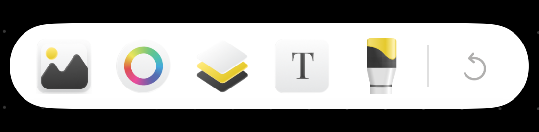 Mockup Tool in-app editor toolbar: images, colors, layers, text, brush and undo tools