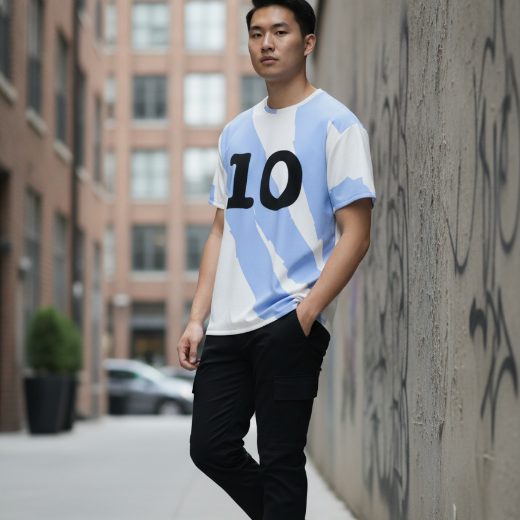 AI mockup result — man wearing custom tee on a city street