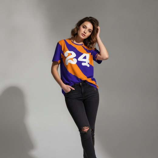 AI mockup result — studio model in custom jersey tee