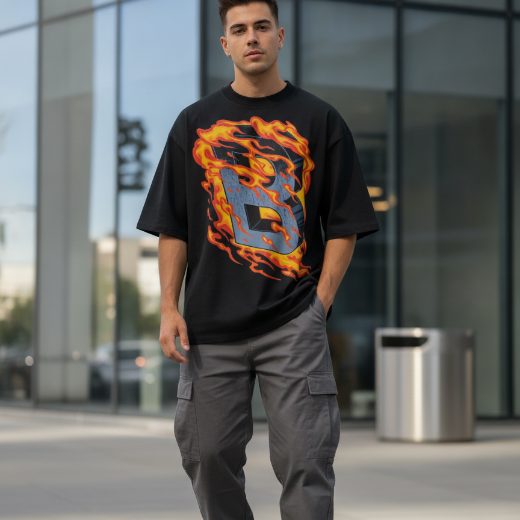 AI mockup result — man in flame print tee on the street