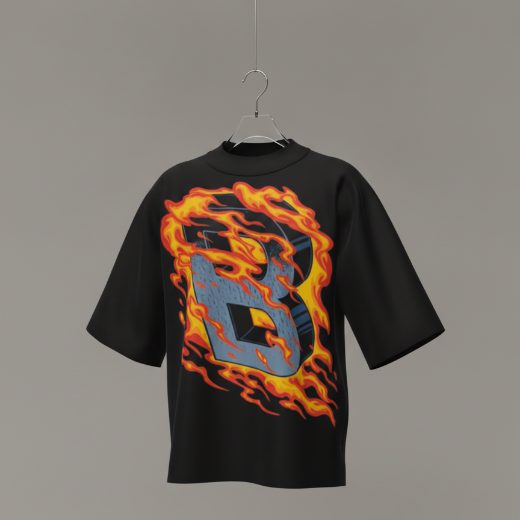 Flat photo — flame print tee on a hanger